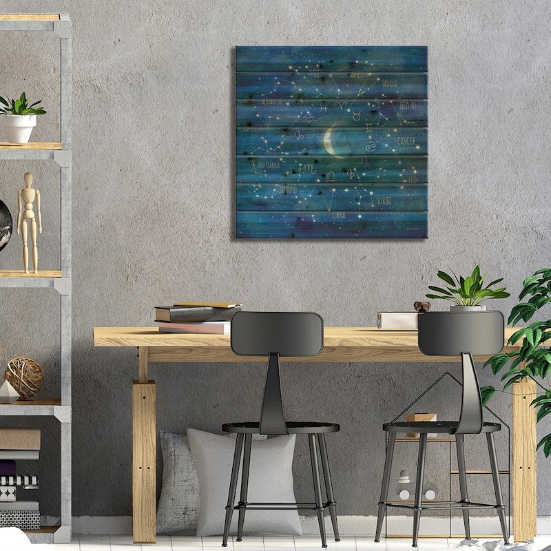 Star Sign With Moon Square Print On Wood by Cynthia Coulter - Multi-Color
