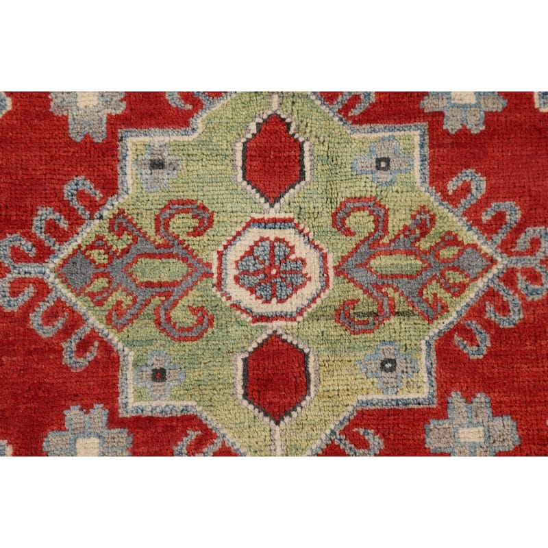 Blue Geometric Kazak Oriental Area Rug Handmade Floral Wool Carpet - 5'2" x 6'3"