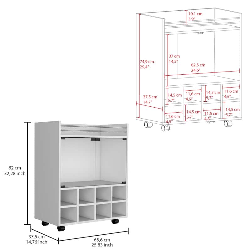 St Andrews Bar Cart with Built-In 8-Bottle Rack, Double Glass Door Cabinet, and Aluminum-Edged Top Surface