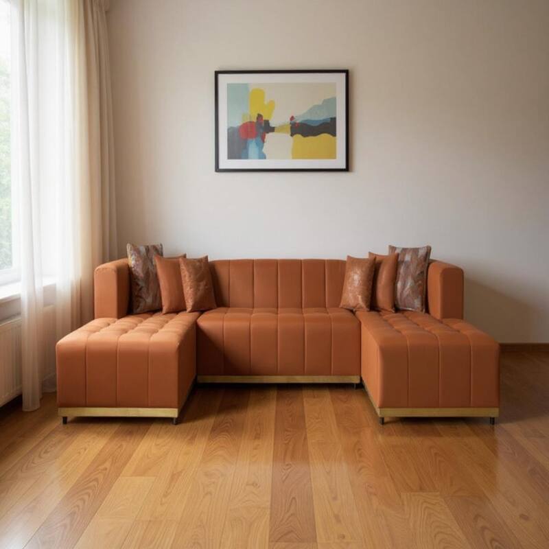 HomeRoots Orange Velvet U Shaped Three Piece Sofa and Chaise Sectional With Toss Pillows - Symmetrical