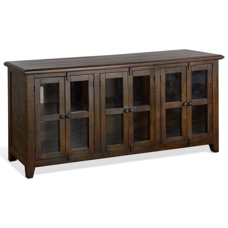 Yael TV Media Console, 6 Shelves, Glass Doors, 70 Inch Dark Brown Wood