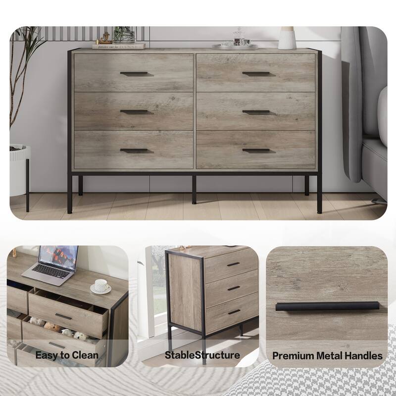 Wood Dresser with 6 Drawers, Solid Clothes Cabinet with Sturdy Steel Frame, 48.58"W×15.75"D×31.22"H, 48 inch, Rustic Grey