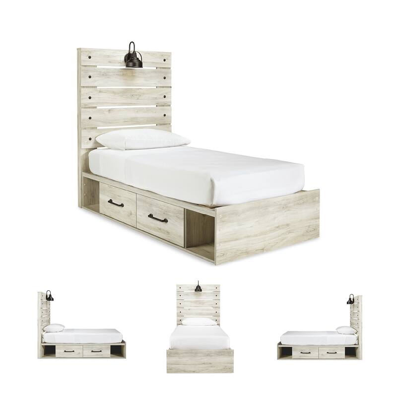 Cambeck Whitewash Panel Bed With 2 Under Bed Storage Drawers