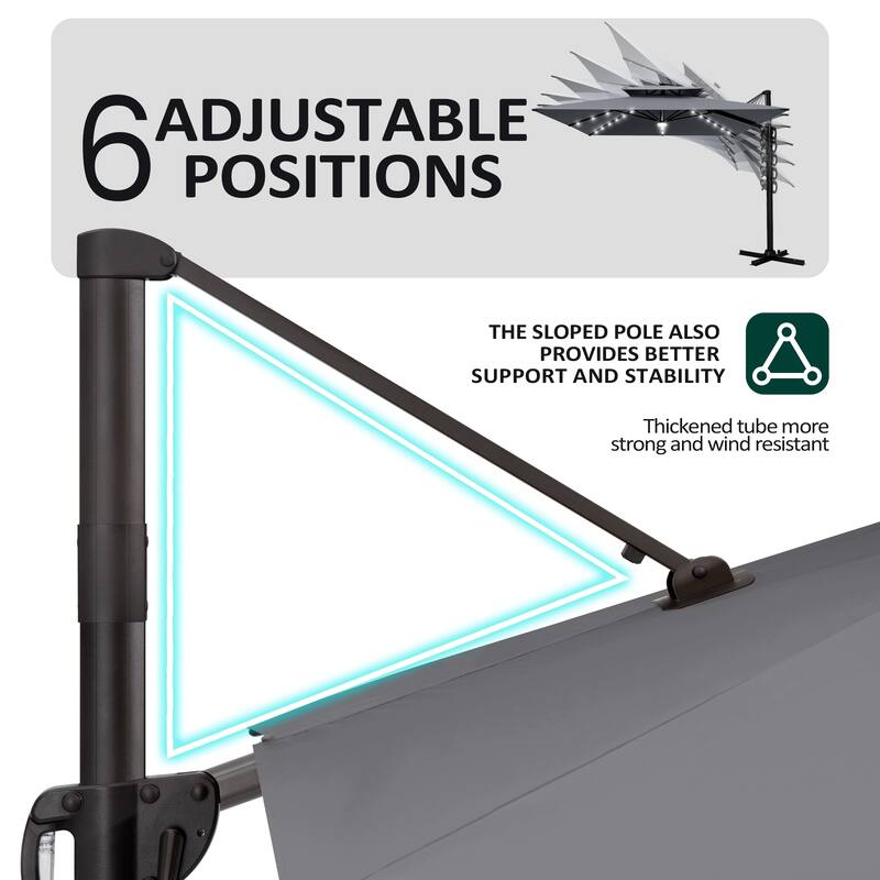 9 X 11 FT Outdoor Patio Cantilever Umbrella with Solar Lights 4-Piece Premium Base Double Canopy 360 Rotation Tilt