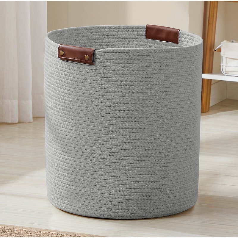 Large Cotton Rope Storage Basket Laundry Hamper Woven Basket with Leather Handles -16 x 18 - 16" x 16" x 18" - Grey