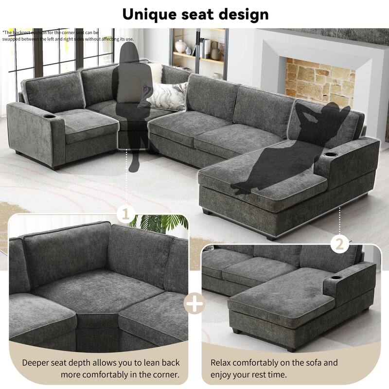 119" U Shaped Sectional Sofa, 6 Seat Oversized Chenille Corner Couch Set with Chaise Lounge and Cup Holders