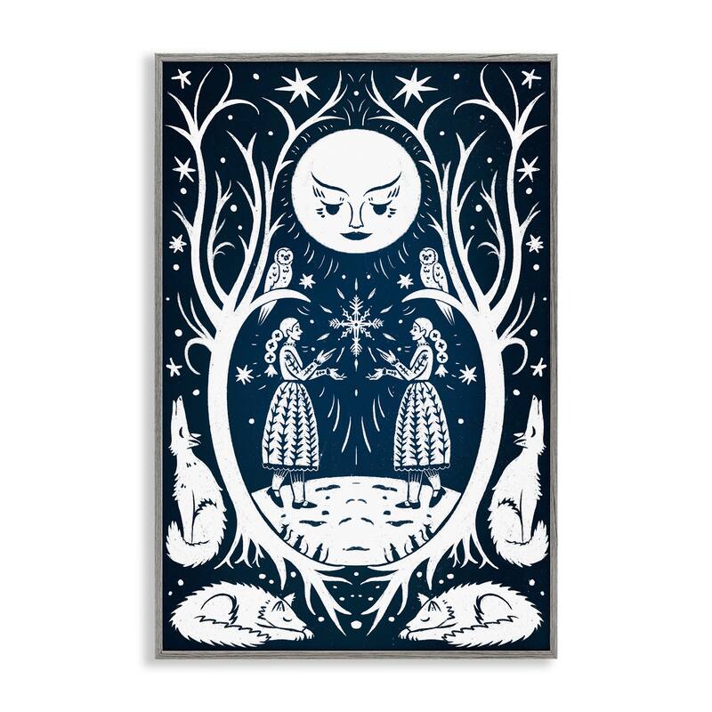 Stupell Woodland Folk Girls with Moon Framed Giclee Art Design By Hannah Moren - 16 x 24 - Grey
