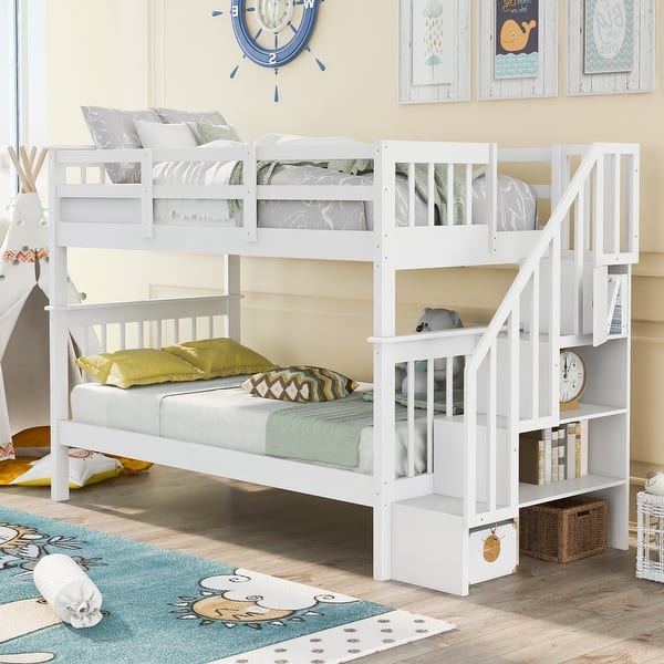 slide 2 of 13, Contemporary Modern Style Twin Over Twin Bunk Bed with Storage Staircase,Solid Wood Bed with Full-Length Guardrail White