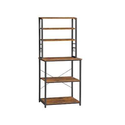 Kitchen Tall Utility Microwave Oven Storage Shelf Stand with 6 Hooks and Metal Frame - 23.6" x 15.7" x 65.7"