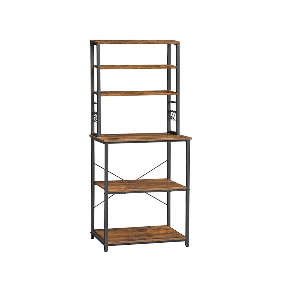 Kitchen Tall Utility Microwave Oven Storage Shelf Stand with 6 Hooks and Metal Frame - 23.6" x 15.7" x 65.7"