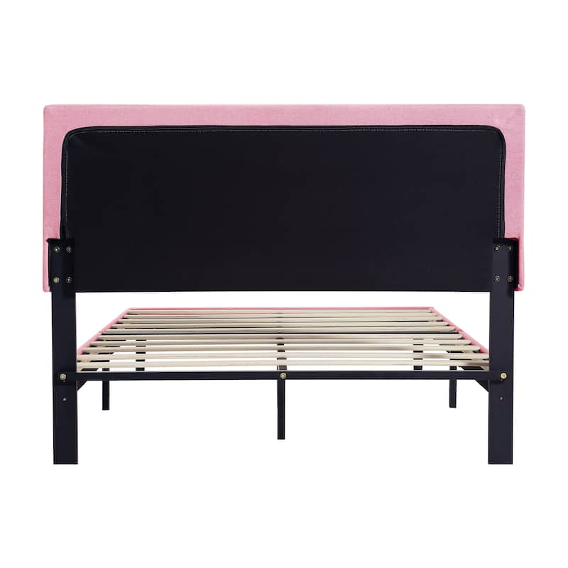 Full Size Upholstered Platform Bed Frame with Button Tufted Linen Fabric Headboard