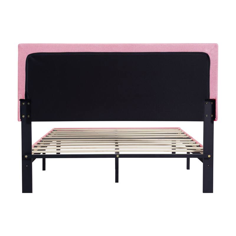 Pink Upholstered Platform Bed Frame with Tufted Linen Headboard, No Box Spring Needed, Wood Slat Support, Easy Assembly