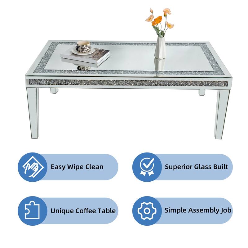 47.24” Long Luxury Modern Rectangular Mirrored Coffee Table with Crystal Diamonds Inlay, Living Room Center Table