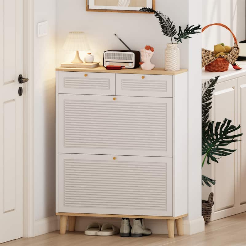 Freestanding Wood Shoe Cabinet with 2 Flip-up Doors and 2 Drawers
