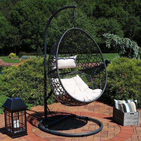 Sunnydaze Caroline Hanging Egg Chair with Stand - Resin Wicker - Beige Cushions