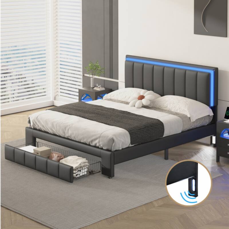 Upholstered Platform Bed with LED Lights and Two Motion Activated Night Lights,Queen Size Storage Bed with Drawer