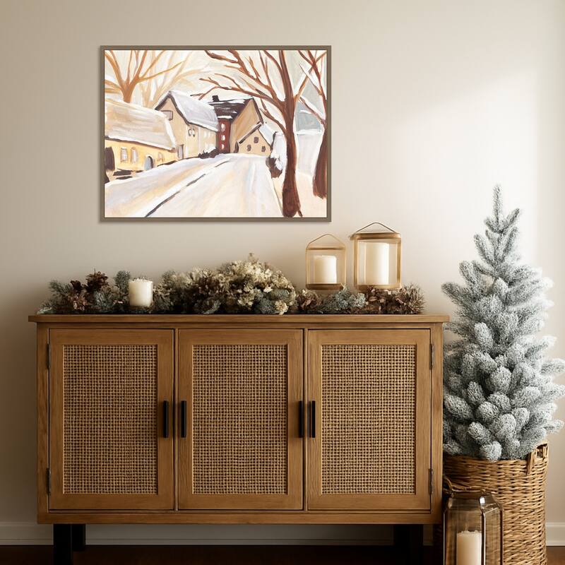 Snowy Street I by Annie Warren Framed Canvas Wall Art Print - Sylvie Dark Gold