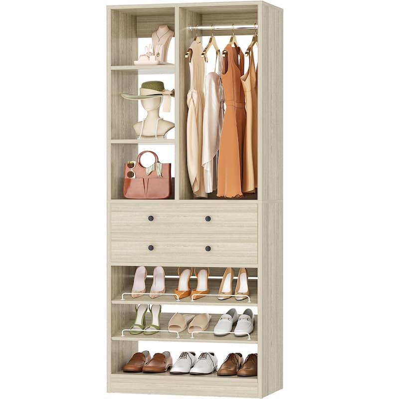 27.7'' Closet Organizer with Shoe Racks and Drawers, Closet System with Hanging Rod and Adjustable Shelves - Washed Oak - 1pc