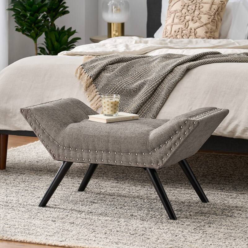 Modern Fabric Upholstered Ottoman Bench with Nailhead Trim, End of Bed Accent Bench for Bedroom or Living Room