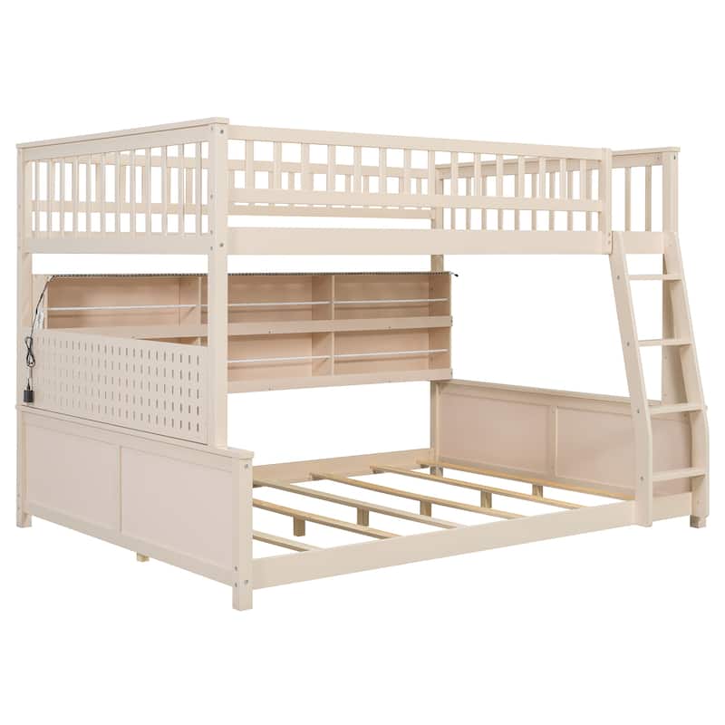 Kids Bunk Bed Frame with Integrated Shelving, Light Strip and Pegboard, Convertible into Floor Platform Bed and Low Loft Bed