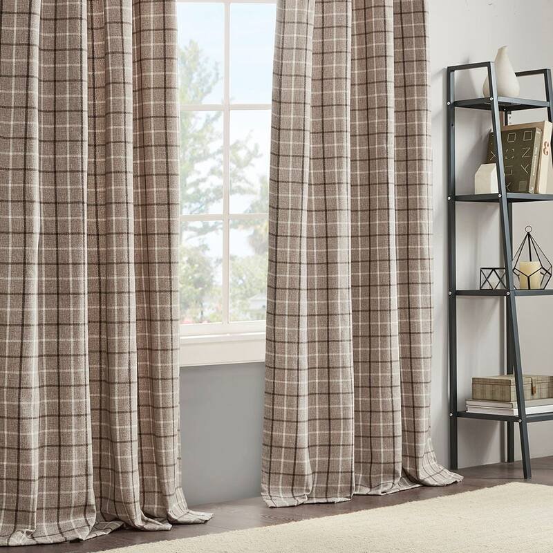 Plaid Rod Pocket and Back Tab Curtain Panel with Fleece Lining Natural 50x95"