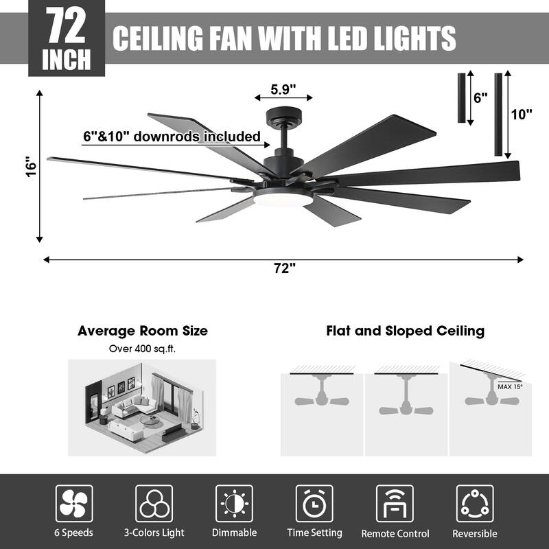 72-in Black Reversible 8-Blade Large Industrial Smart Ceiling Fan with Light and APP Control