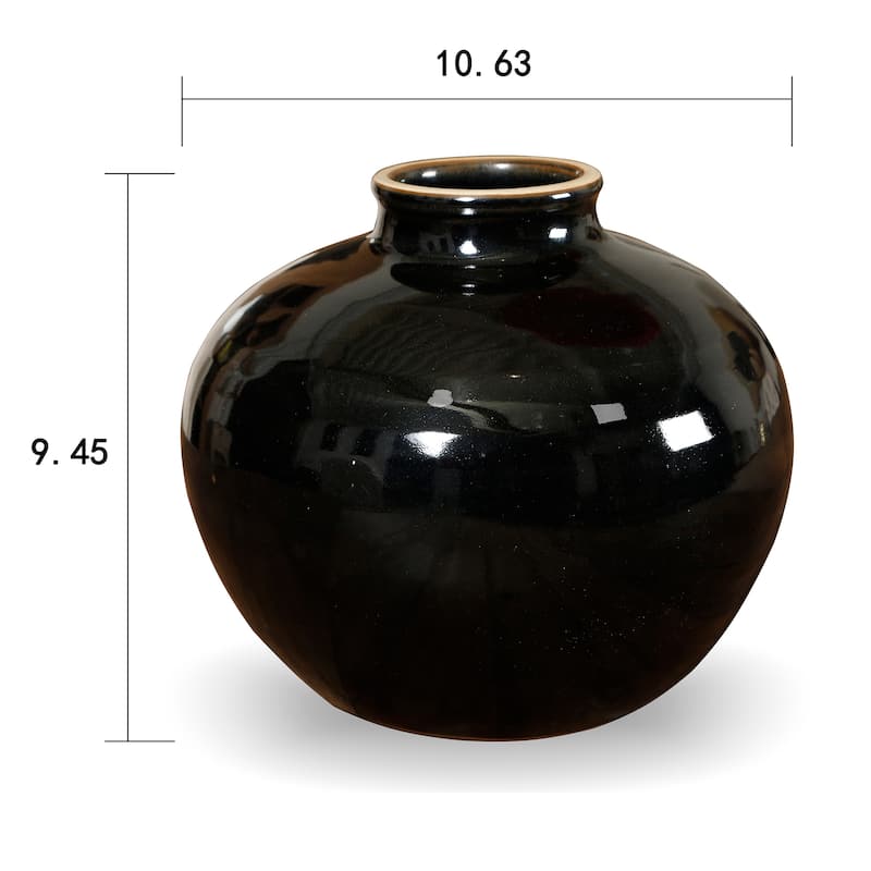 Artissance 10.63"L Round Black Porcelain Glazed Obsidian Small Opening Vase, Home and Garden Decor