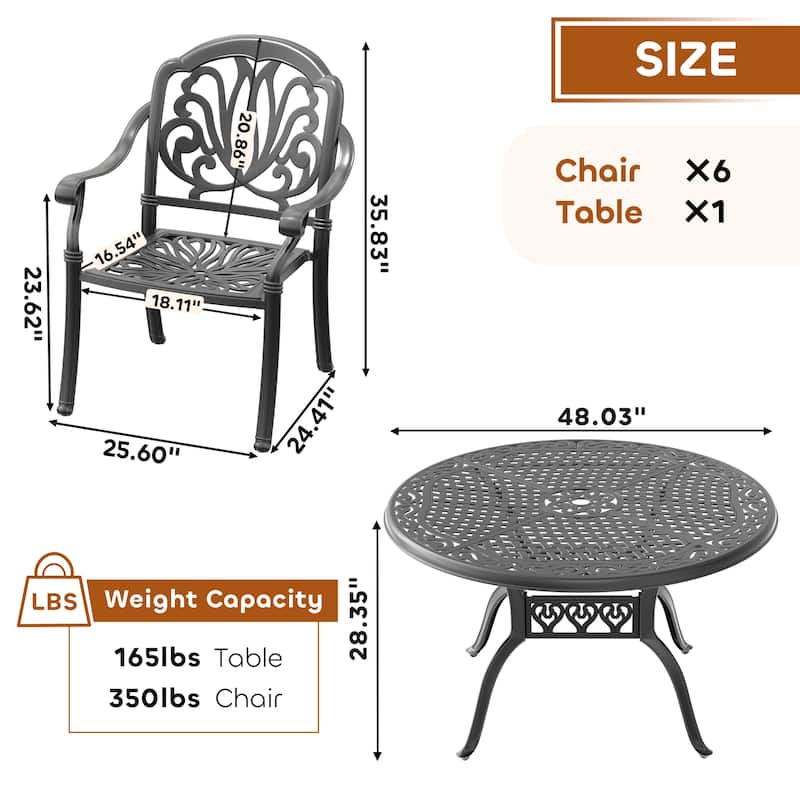 5/7-Piece Cast Aluminum Outdoor Dining Set with 48.03 in. Round Table and Random Color Cushions