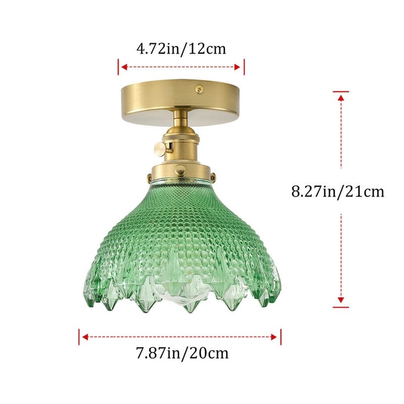 Vintage Green Glass 1-Light Semi Flush Mount Ceiling Light with Brass Finish