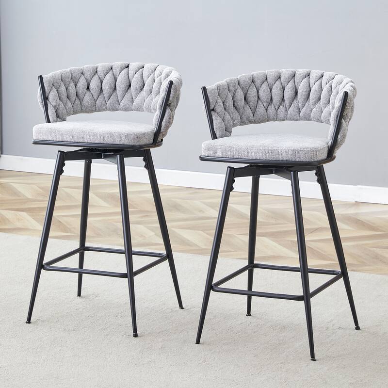 Set of 2 swivel bar stools with breathable cotton and linen soft cushions, electroplated metal frames without rust