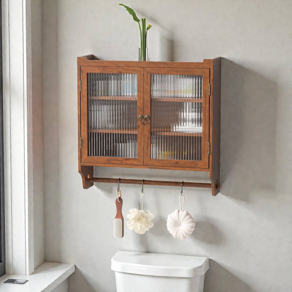 24.8" Vintage Wall Cabinet with Glass Double Doors, 3-Tier Storage and Towel Rack, Solid Wood Bathroom Kitchen Cabinet