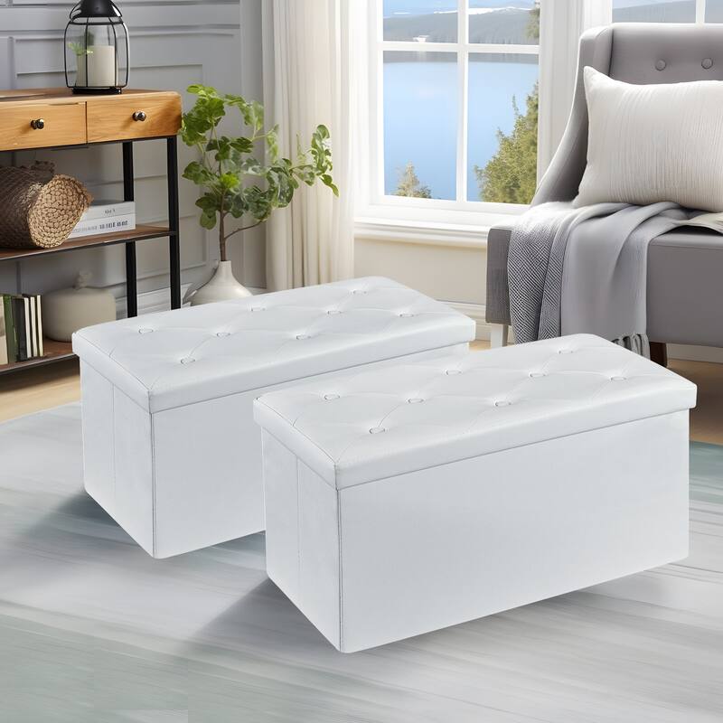 2 PC Storage Folding Ottoman, Storage Footrest Stool, Faux Leather Storage Bench Cube with Padded Seat for Small Space