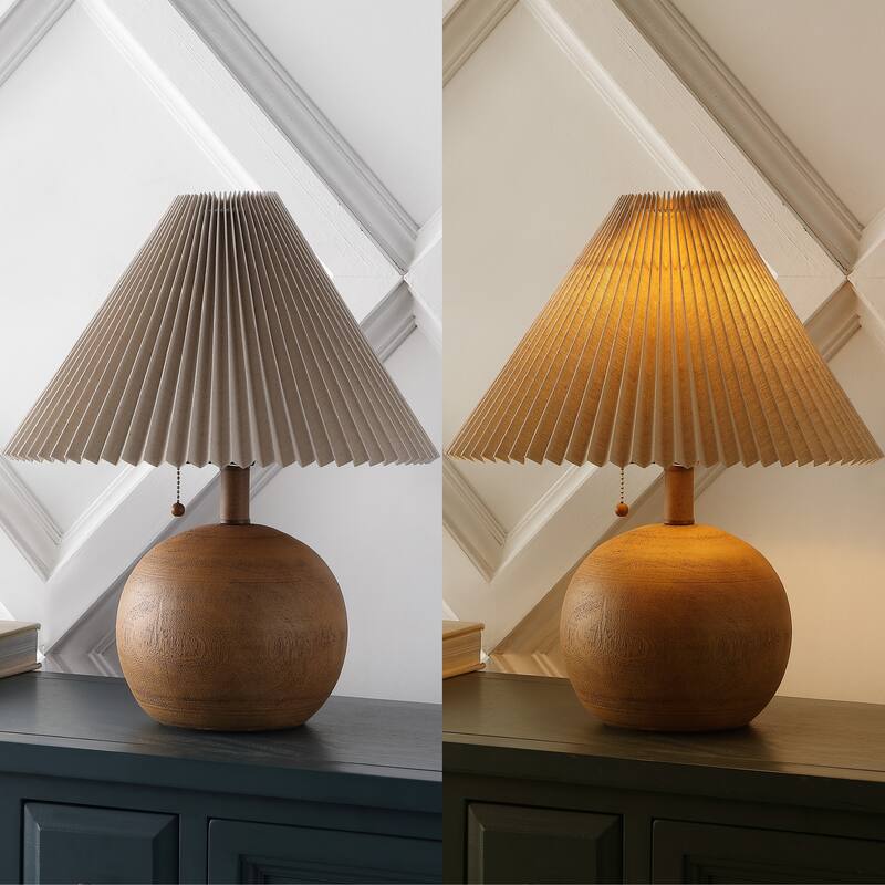 Arvid 17.25" Coastal Scandinavian Resin/Iron Sphere LED Table Lamp with Pleated Shade and Pull Chain, by JONATHAN Y