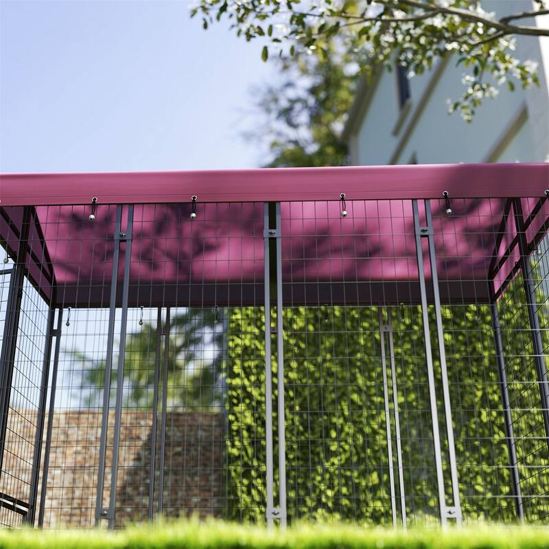 Red Steel and Oxford Cloth Dog Kennel Playpen with Roof, Gate and Bowls - 94.5" L x 48" W x 72" H