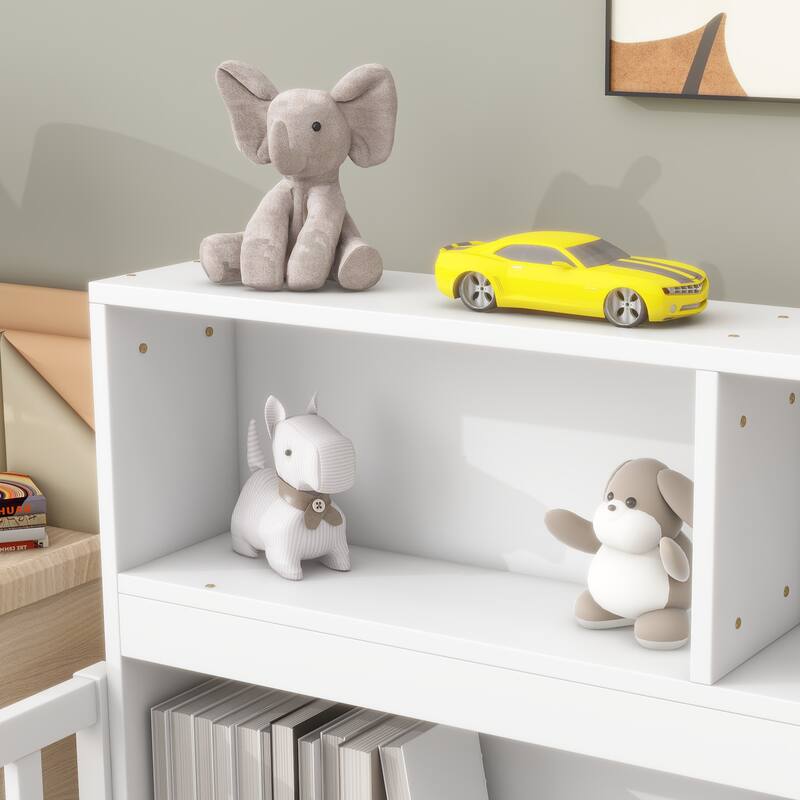 Twin Size Pine Wood Floor Bed with Bookcase and Guardrails