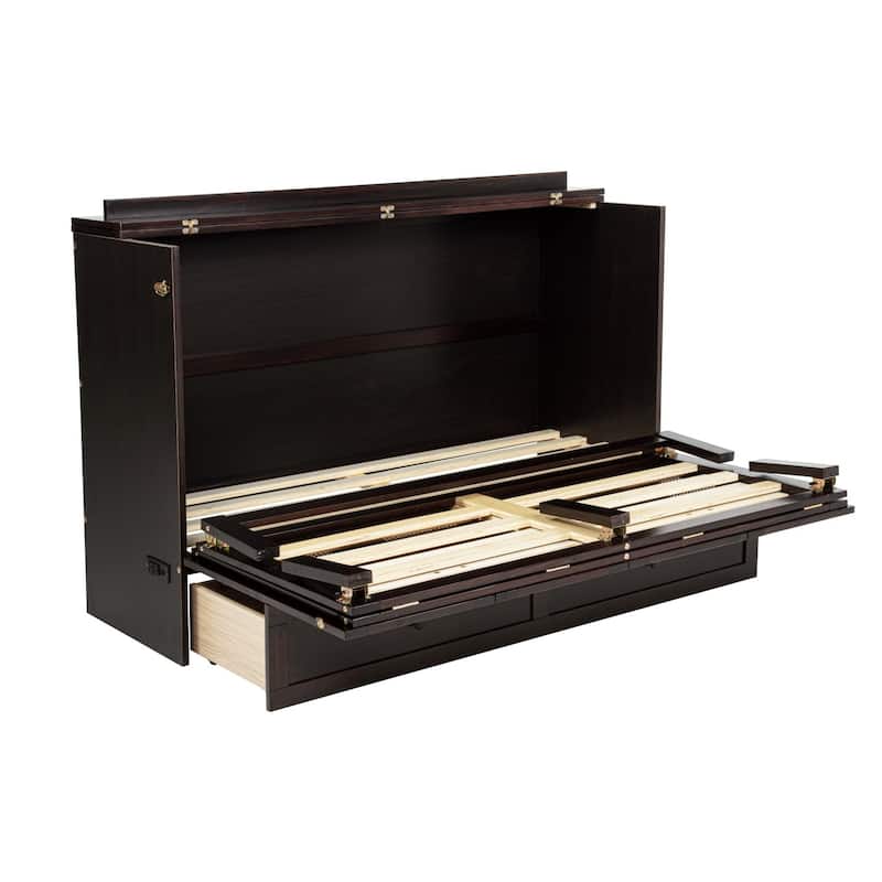 Queen Size Wood Murphy Bed with Power Station,Rattan Decoration Panel and Drawer