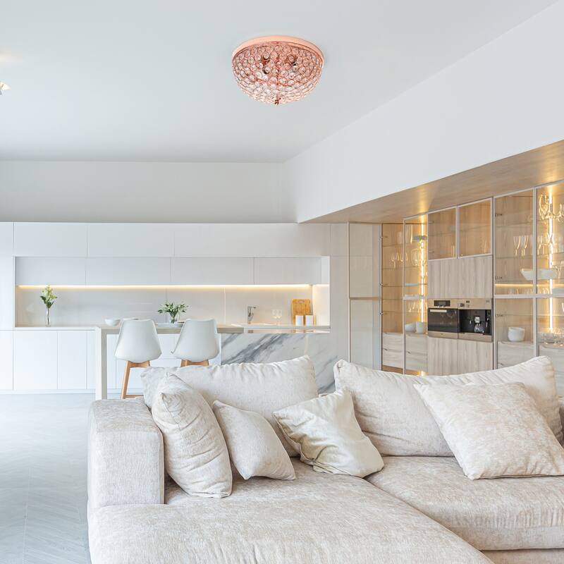 2 Light Flush Mount Ceiling Light, Gold Crystal Chandelier, Modern Interior Lighting - 6.5