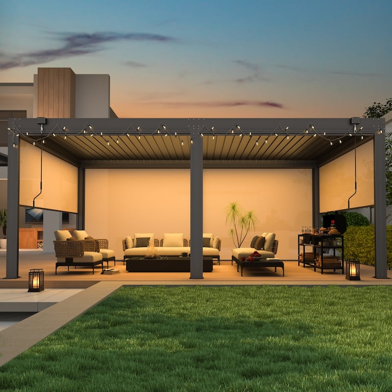 EROMMY Outdoor Louvered Pergola Gazebo with Adjustable Aluminum Rainproof Roof and Pull-Down Screen