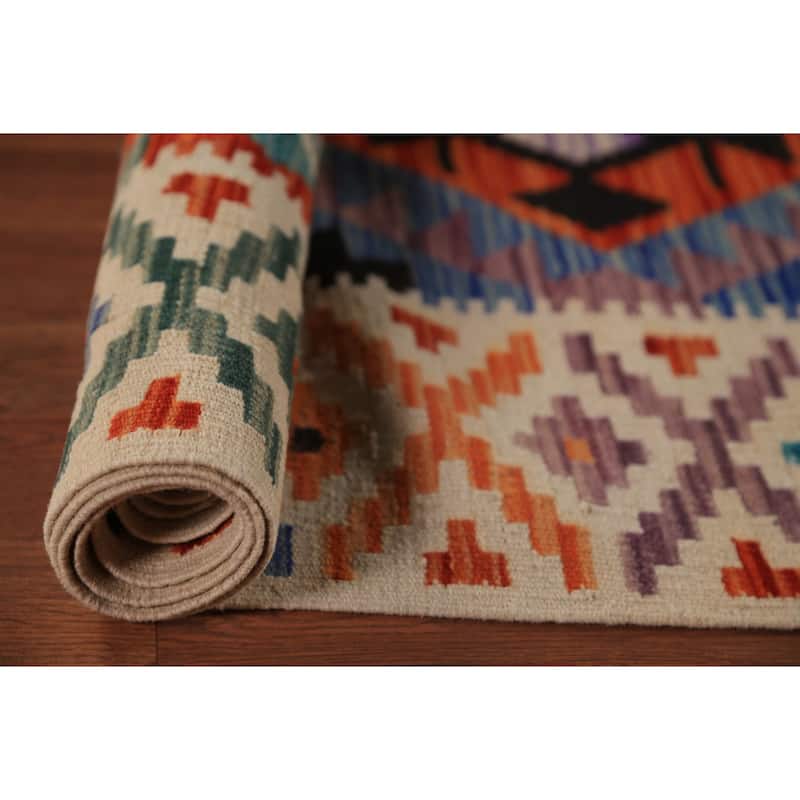 Geometric Kilim Oriental Area Rug Hand-Woven Multi-Color Wool Carpet - 8'4"x 11'6"