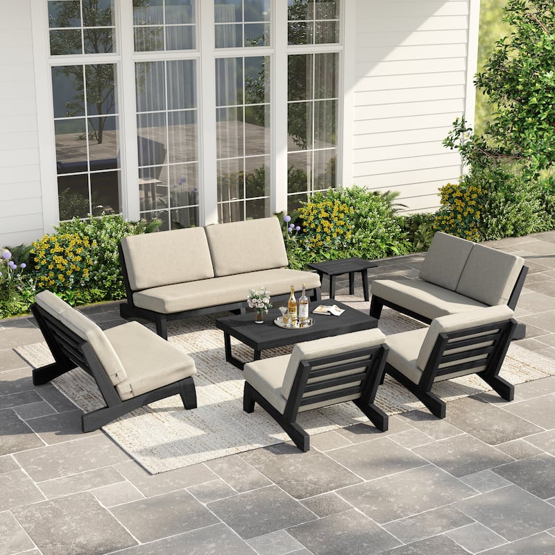 Casual Teak Wood Large 7-Piece Outdoor Patio Conversation Set