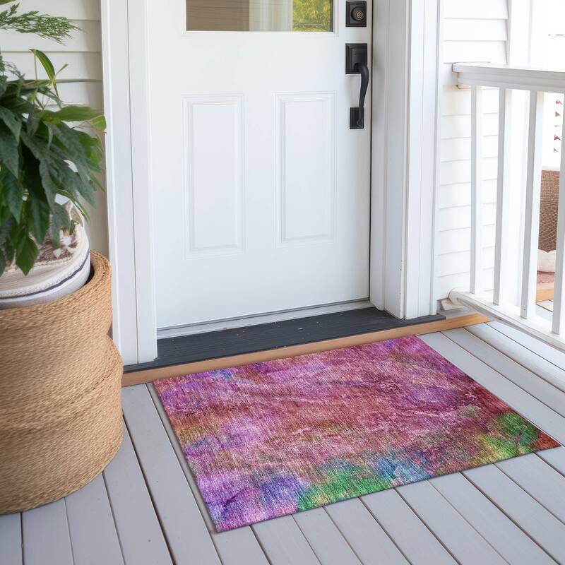 Machine Washable Indoor/ Outdoor Abstract Watercolor Chantille Rug - Blush - 1'8" x 2'6"
