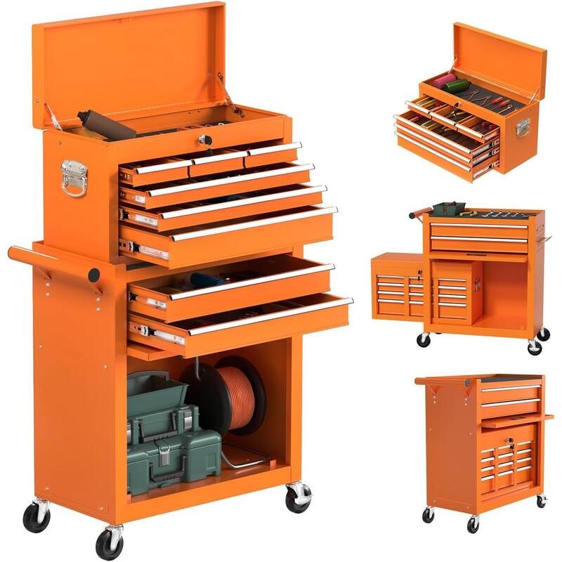 8-Drawer Rolling Tool Storage Cabinet with Detachable Top Tool Box - Orange
