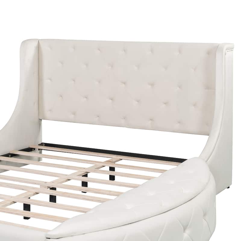 Low Profile Bed Queen Size Velvet Upholstered Platform Bed with Wingback Headboard, Big Drawer and 2 Semicircle Side Stools