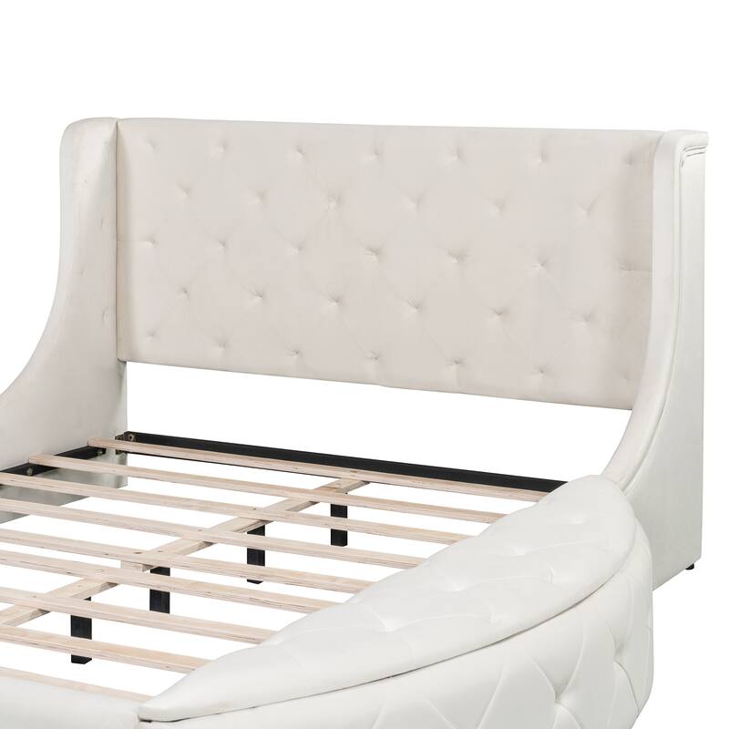 Queen Size Upholstered Platform Bed with Wingback Headboard, Storage Drawer, and Side Stools