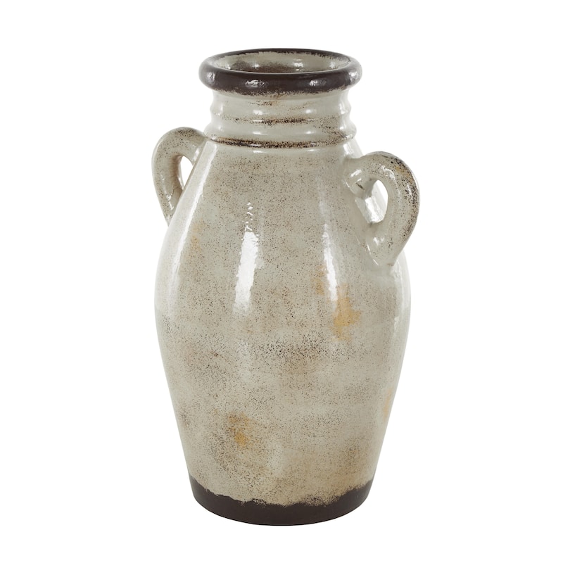 Ceramic Antique Amphora Decorative Vase with Speckled Texturing and Yellow and Brown Accents - Cream - Roche River Decor