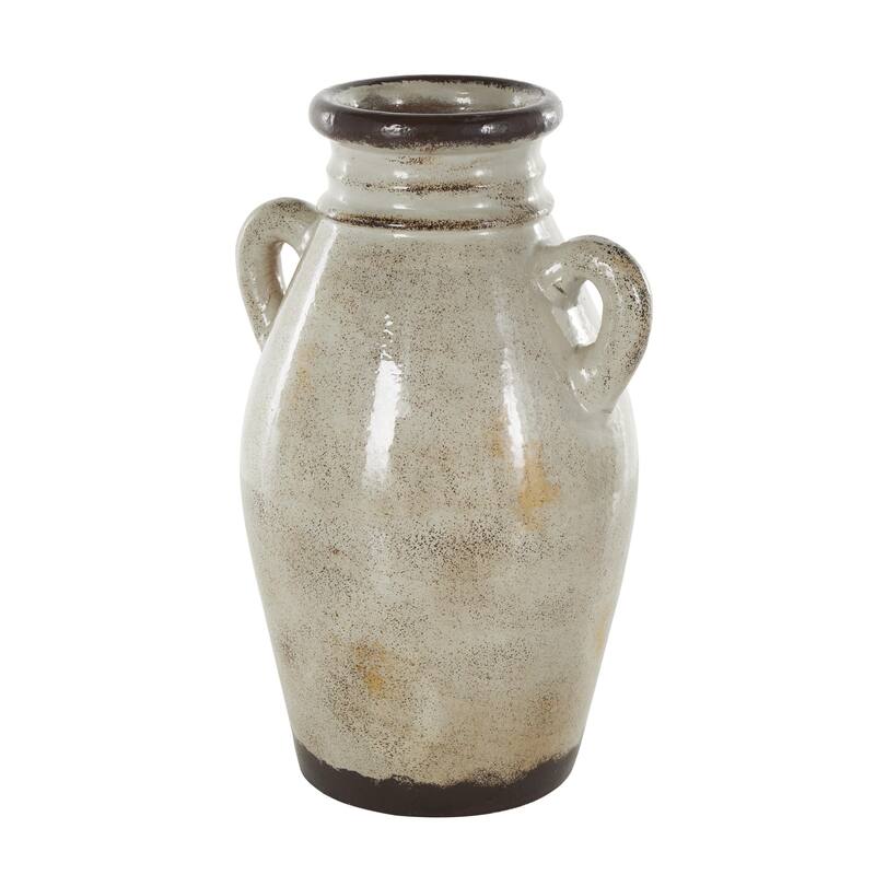 Cream Ceramic Antique Amphora Decorative Vase with Speckled Texturing and Yellow and Brown Accents
