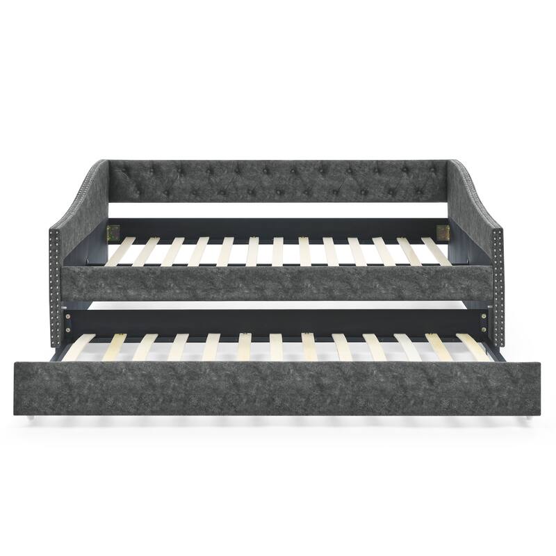 Full Size Daybed with Trundle Upholstered Sofa Bed with Button Tufted Backrest and Nailhead Trim Waved Shape Arms