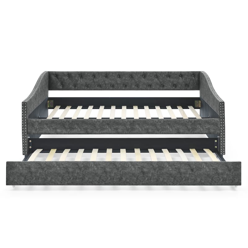 Full Size Daybed with Twin Size Trundle Upholstered Tufted Sofa Bed, with Button on Back and Copper Nail