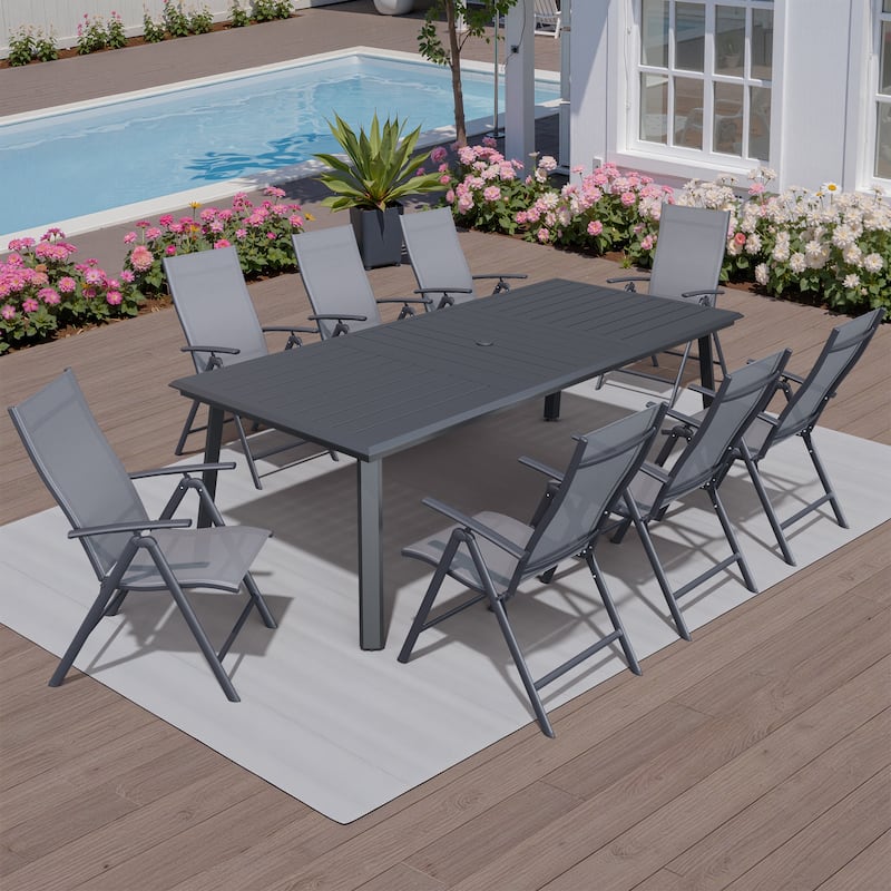 Outdoor Aluminum Dining Table with Umbrella Hole with Durable Adjustable Reclining Folding Chair