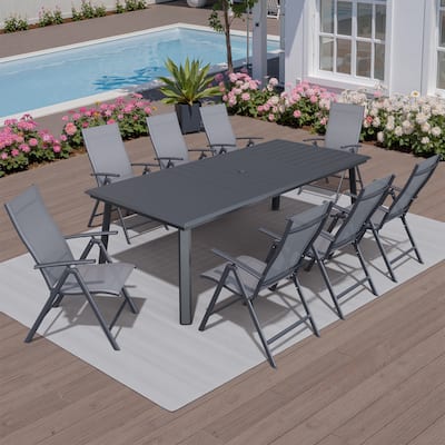 Outdoor Aluminum Dining Table with Umbrella Hole with Durable Adjustable Reclining Folding Chair